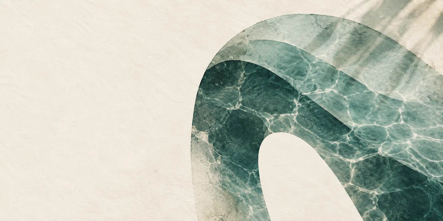 Abstract AVASA artwork: jade water and filtered light flowing across a pale mineral field.
