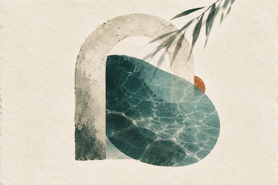 Abstract AVASA artwork: an arch, translucent lagoon water and a botanical shadow on handmade paper.