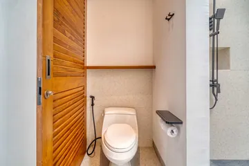 Compact toilet area beside a wooden louvered door and tiled shower enclosure.