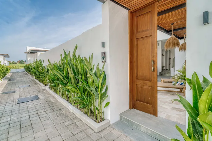Exterior walkway edged with tall plants leading toward a wood door and glazed villa.