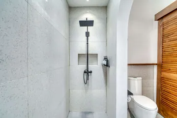 Walk-in shower with a rain-style showerhead beside a toilet and louvred timber door.