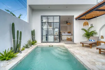 Narrow turquoise pool and stone deck beside a glass entry, cactus planters and two loungers.