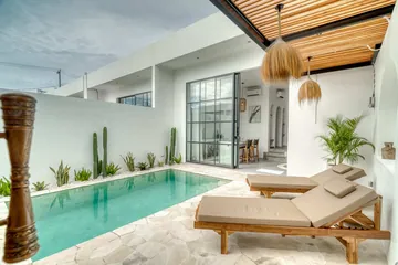 Courtyard pool framed by pale walls, timber roof slats and green planting.