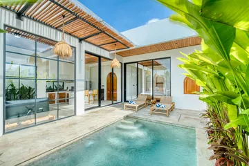 A courtyard pool between glass-walled rooms, with timber roof slats and broad green leaves.
