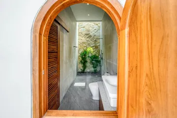 Arched wood doorway opening to a compact stone shower area.