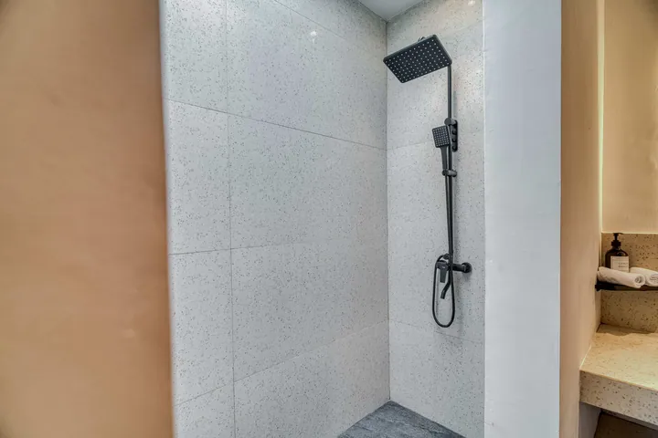 Compact bathroom with stone shower, toilet and vanity beside a wood slatted door.