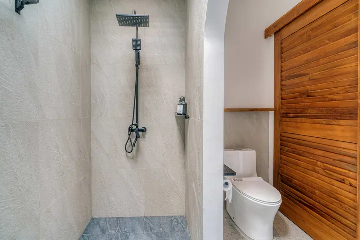 Compact bathroom with stone shower, toilet and a wood slatted door.