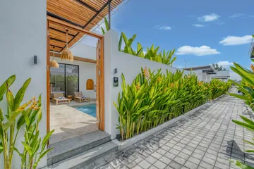 Paved walkway bordered by tall tropical plants and white villa walls.