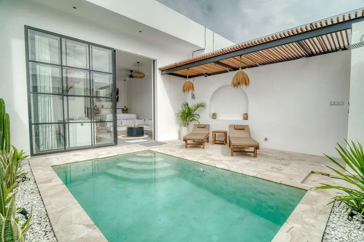 Courtyard pool with cactus planting, loungers and black-framed glass doors under a timber pergola.