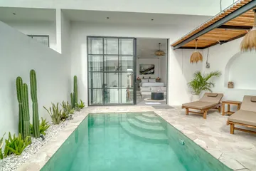 Courtyard pool with stepped entry, a cactus bed, loungers and a glass door into the bedroom.