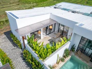Aerial view of a white villa with a planted courtyard, translucent pergola and the corner of a pool.