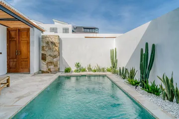 Long turquoise pool beside glass doors and a row of potted tropical plants.
