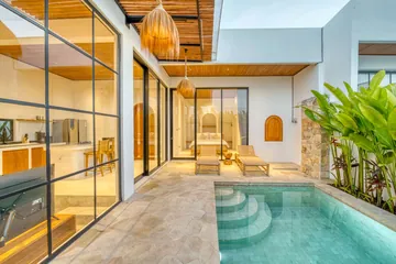 Small courtyard pool bordered by white walls and green planting.