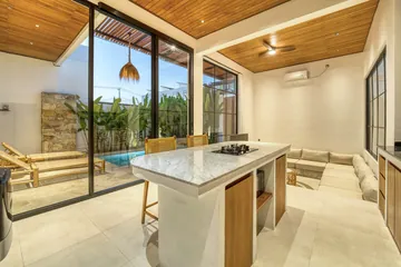 Kitchen island with cooktop facing the living area and glass doors to the courtyard.