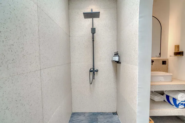 Walk-in shower with a rain-style showerhead in a pale tiled bathroom.
