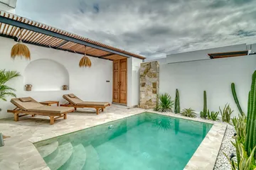 Courtyard pool beside glass doors, with cactus planters, loungers and stone paving.