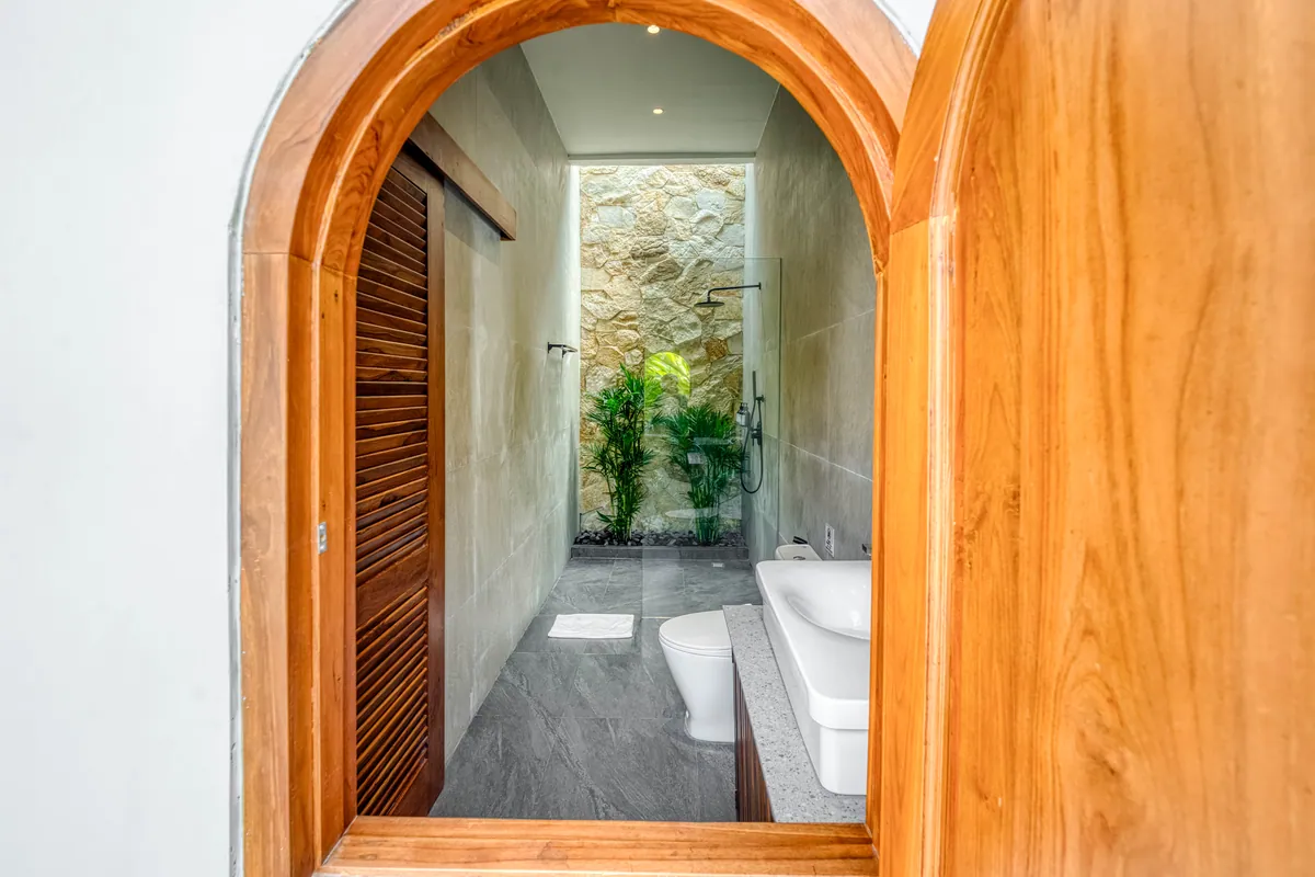 Arched wood doorway opening to a compact stone shower area.
