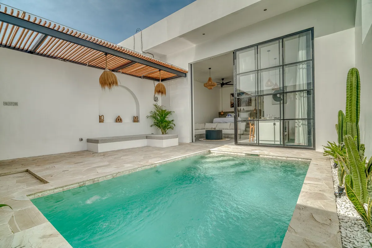 Courtyard pool framed by pale walls, timber roof slats and green planting.