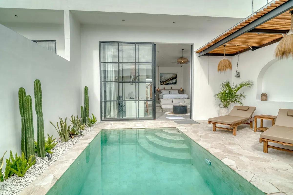 Courtyard pool with stepped entry, a cactus bed, loungers and a glass door into the bedroom.