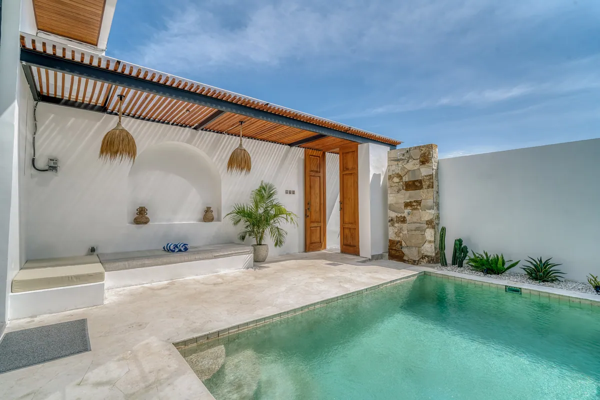 Courtyard pool framed by pale walls, timber roof slats and green planting.