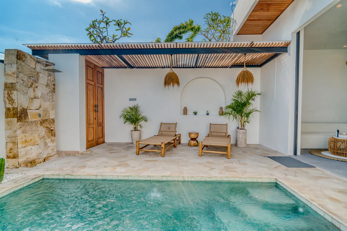 Courtyard pool framed by pale walls, timber roof slats and green planting.